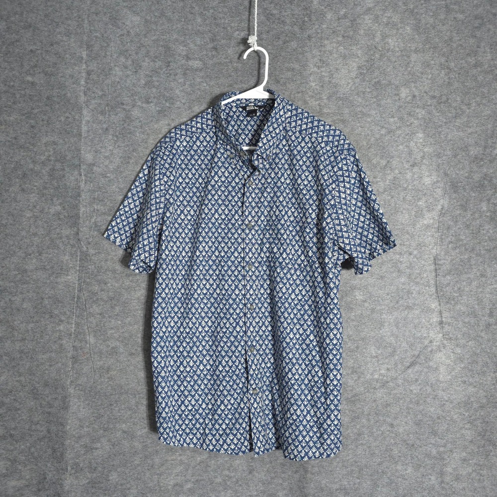 Eddie Bauer Shirt Mens XL Blue White Geometric Leaf Print Cotton Button Down S/S
